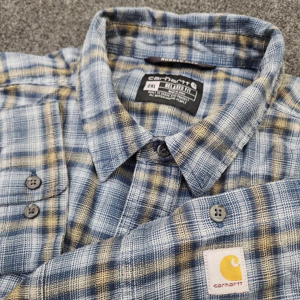 Carhartt Mens 2XL Blue Brown Plaid Flannel Rugged Flex Relaxed Fit Button Shirt